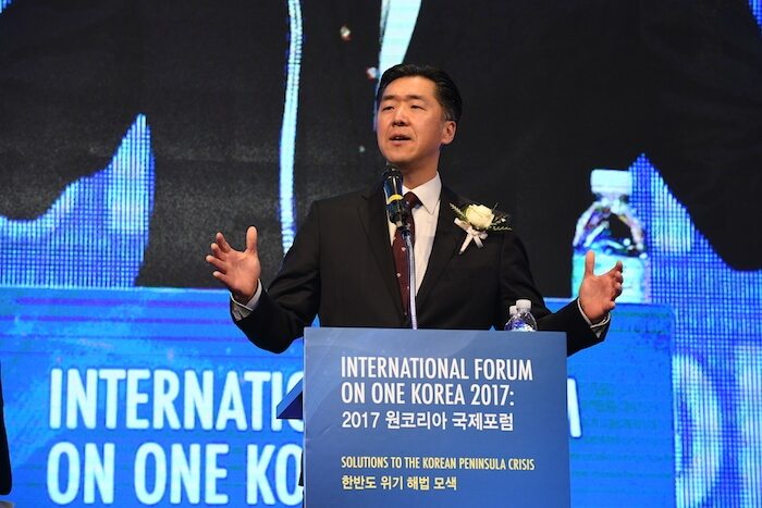 Dr. Hyun Jin Preston Moon at the International Forum on One Korea in Seoul.