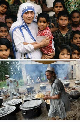 Above: Mother Teresa of Calcutta is an international symbol of faith and compassion. Below: A Muslim charity worker at a relief center for victims of the Pakistan floods in 2010 that affected some 20 million people. Credit: GPFF International