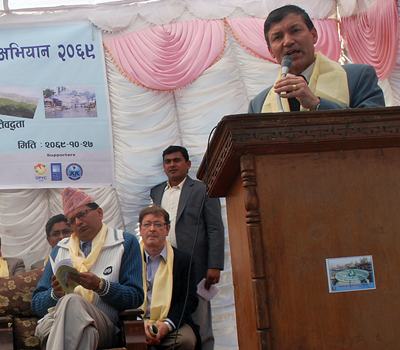 Mr. Krishna Hari Baskota, Secretary, Office of the Prime Minister and Council of Ministers, speaks during the program.