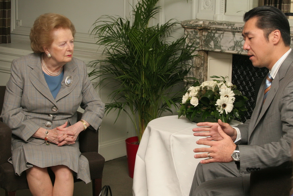 Former Prime Minister Margaret Thatcher and Dr. Hyun Jin Moon meet in 2008 after a Global Peace Leadership Conference in London.
