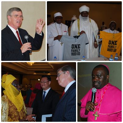 Left top: GPF President James Flynn stresses the importance of shared values in building social cohesion at the Consultative meeting; right top: Christian and Muslim leaders call for Nigerians to unite as One family under God. Below left: H.E. the Emir of Abuja meets with GPF Africa regional representative Insu Choi and GPF President James Flynn. below right: Bishop Sunday Onuoha, President of Nigeria Interfaith Action Association, facilitated the meeting.