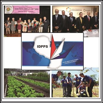 GPF partnerships and initiatives in Paraguay (top right to bottom left): "Living for the Sake of Others" awards, Latin American Presidential Mission, IDPPS, organic community farm, social service projects