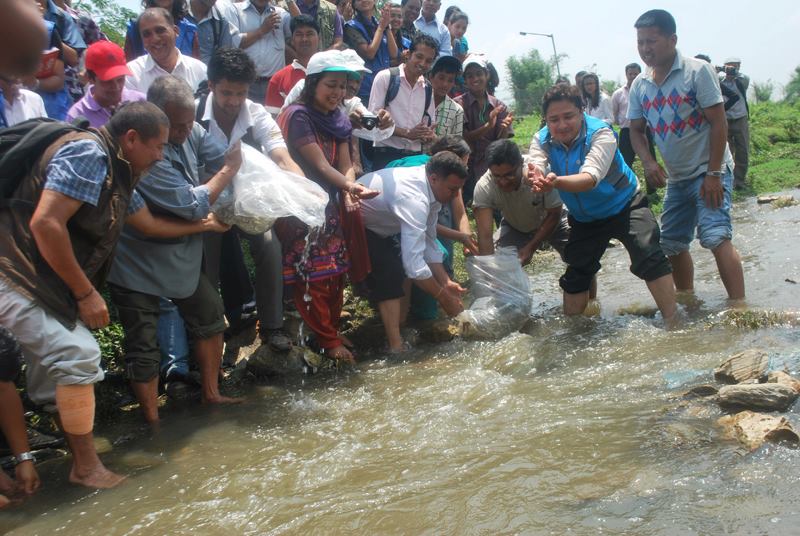 GPA and partners released fish into the Bagmati River at the start of World Environmental Week in Nepal