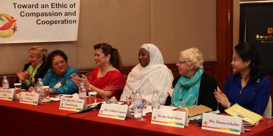 Panel on Women in Leadership during the Global Peace Convention 2013: (left to right) Ms. Julia Maciel, Diplomat, Permanent Mission of Paraguay to the United Nations, Tan Sri Datuk Dr. Rafiah Salim, Former Director, NAM Institute for the Empowerment of Women, Hon. Gina de Venecia, Member of the House of Representatives, Republic of Philippines, H.E. Hajia Mrs. Amina Namadi Sambo, Founder and Chairwoman, I Care-Women and Youth Initiative: Wife of the Vice President, Federal Republic of Nigeria, Mrs. Collete Caprara, Editor, DeVos Center for Religion and Civil Society, The Heritage Foundation, USA, Dr. Jun Sook Moon, Chairwoman, Global Peace Women, USA.