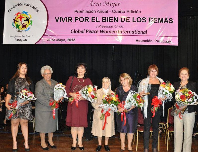 Awardees of the 2012 "Living for the Greater Good" Awards. Mother Candelas, Camareros Perez, Selva Antonia Morel Encina, Victorina Espinola De Ruiz Diaz, Maxima Villamayor, Maria Betania Lovera Riso, Liz Zaldivar Gomez, Leila Rachid Lichi