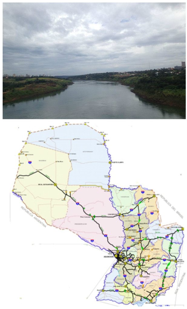 Top: A view of the Paraguay River. Bottom: A highway map of Paraguay. Alto Paraguay is noticeably underdeveloped.