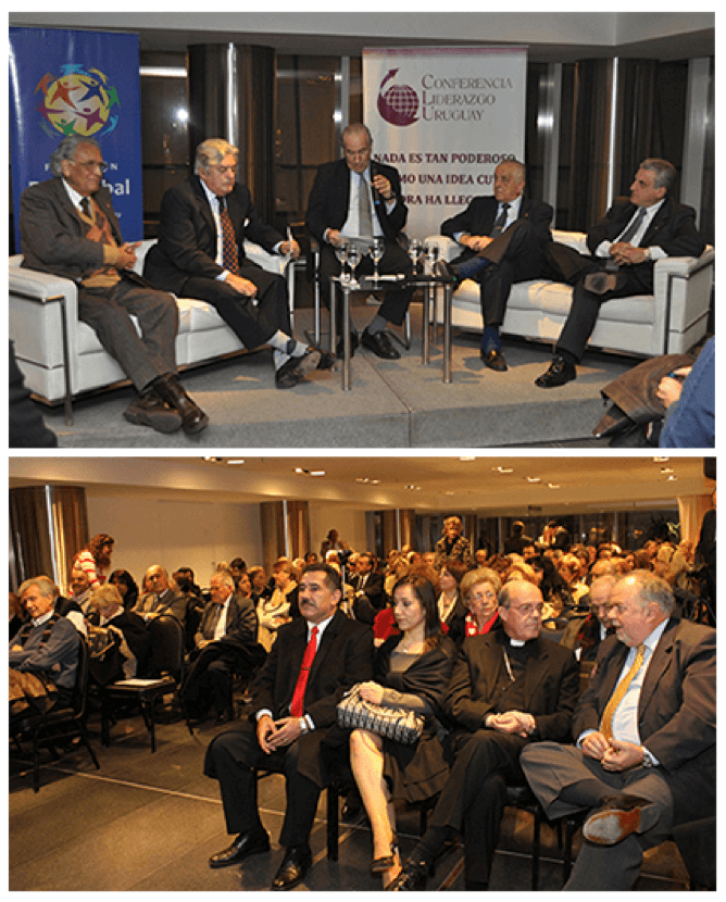 Top: Speakers addressed the importance of enduring principles and values as the foundation for progress and development. Bottom: Over 140 participants represented a cross-section of Uruguay’s leadership, from media, education, civil society and government.