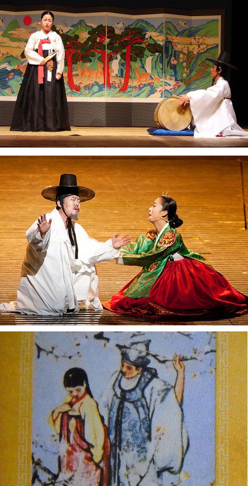 Top: Pasori is a Korean cultural form of song and dance that passes on traditional stories. Middle: Shimchung is a well-known story of a blind man and his filial daughter. (photo: Korea.net, Korean Culture and Information Services) Bottom: The book cover of Choonhyang a story of love that crosses social status. (photo: Taman Renyah)