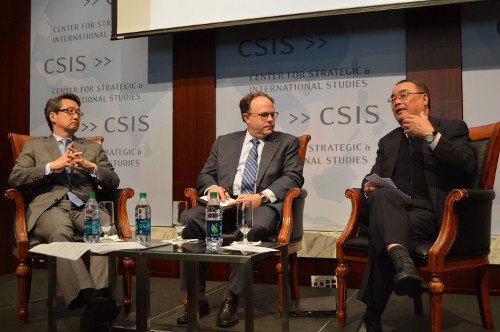 Left to Right: Dr. Victor Cha, Korea Chair of the Center for Strategic and International Studies, Amb. Sydney Seiler of the U.S. to the Six-Party Talks, and Dr. Quansheng Zhao, Professor of International Relations and Chair of the Asian Studies Program Research Council at American University, discuss China's role in securing unification on the Korean peninsula.