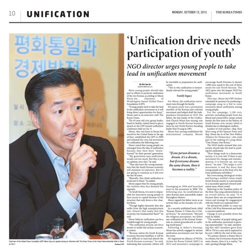 Korea Times article of the interview with Hyun Jin Moon, chairman of Global Peace Foundation, on Korean Unification