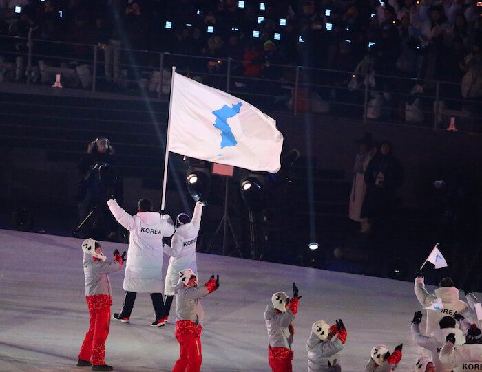United Olympic team Korea marching into 2018 Olympics opening ceremony, South Korea